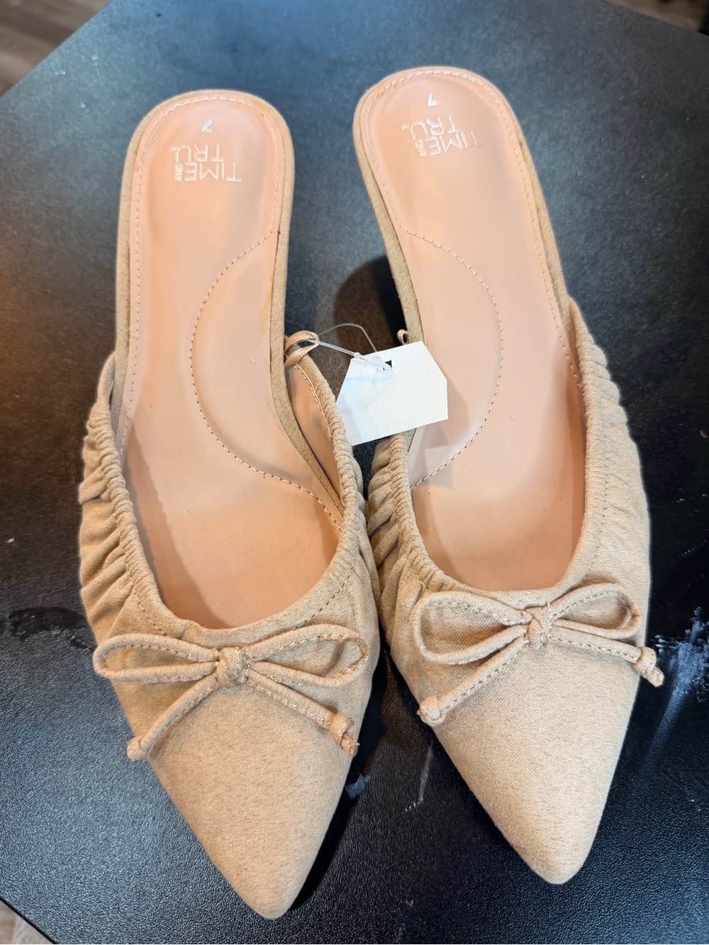 Time and Tru Tan Pointed-Toe Bow Slip-On Mules